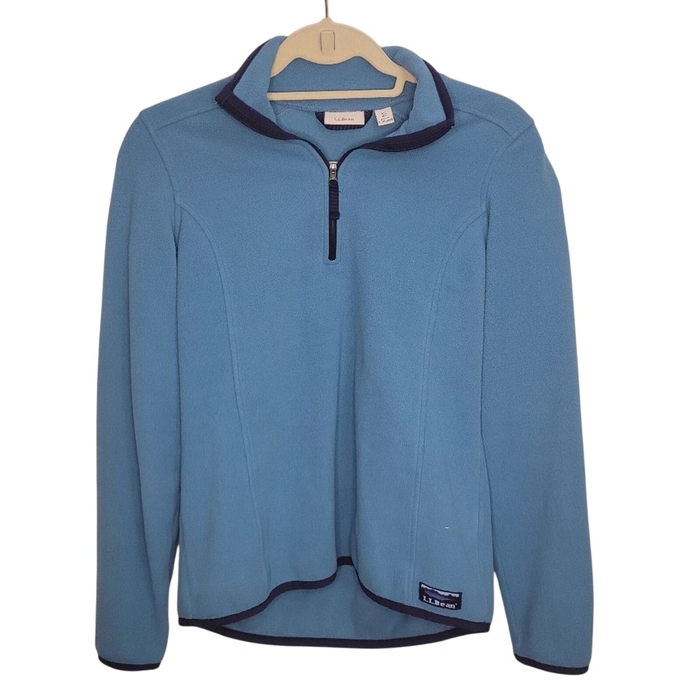 LL Bean Womens XS Light Blue Fleece Quarter Zip Pullover‎ Sweater Navy Trim